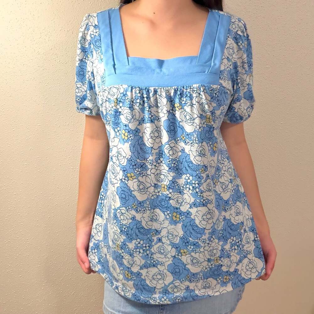 Fashion Bug Blue Floral Square Neck Short Sleeve Blouse